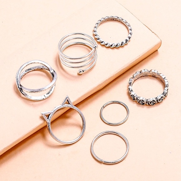 Any 2/$20! Set 7 Antiqued Silver Boho Midi Rings - Picture 4 of 7